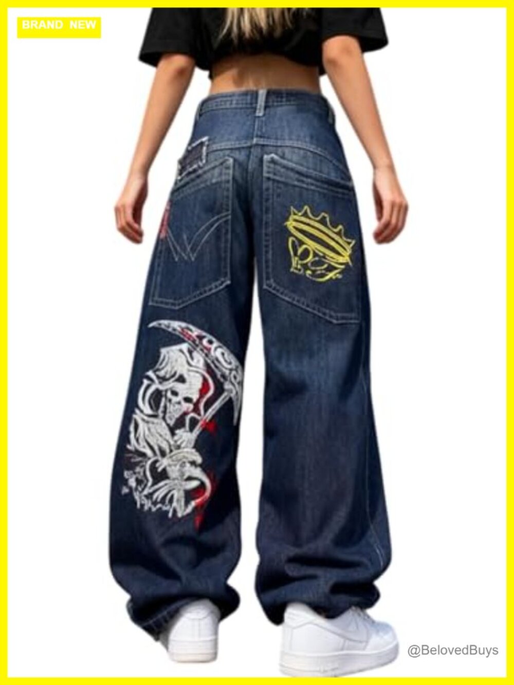 Unisex Y2K Baggy Wide Leg Jeans Skeleton Tiger Dragon Print Streetwear
